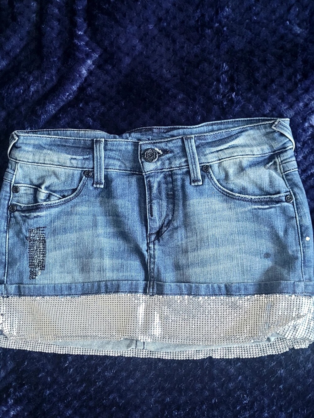 $15 Bebe Original:$39.99 Women’s Light Blue Denim Skort with Silver Sequin Hem